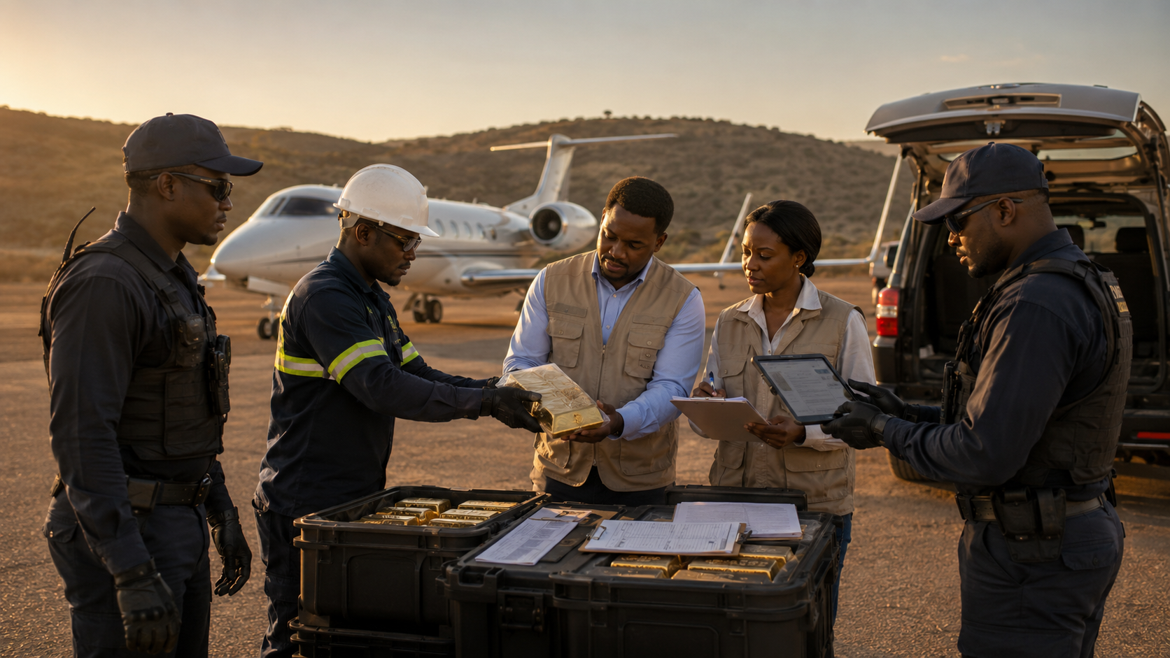 Secure handover of valuable cargo with private aircraft in the background